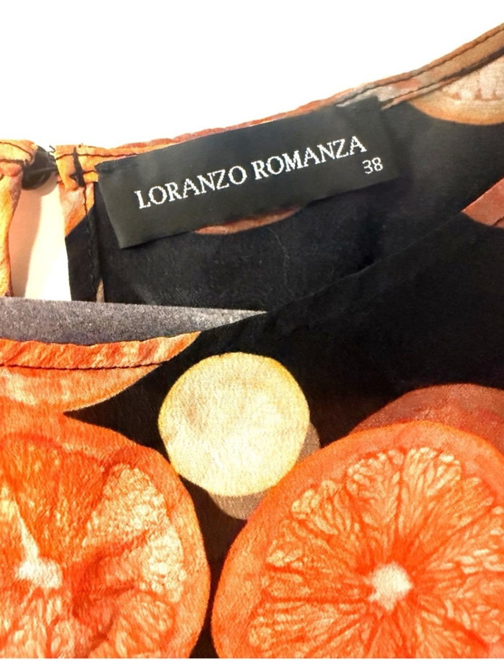 Loranzo  Romanza 100% Silk Blouse Citrus Print Orange Black Top Size 38
